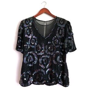 Vintage Black Beaded Sequin SS Evening Costume Top